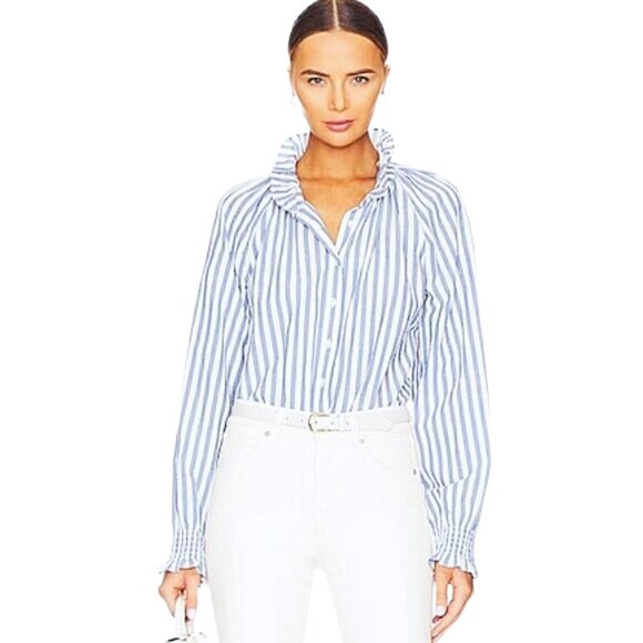 Veronica Beard Calisto Washed Blue White Ruffle Collar Button Revolve Shirt S - Picture 14 of 14